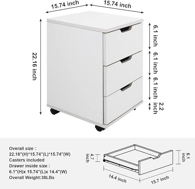Farini 3-Drawer Vertical Filing Cabinet Rolling Wood Mobile File Cabinets Under Desk for Home Office with Casters (White, Non-Assembled)