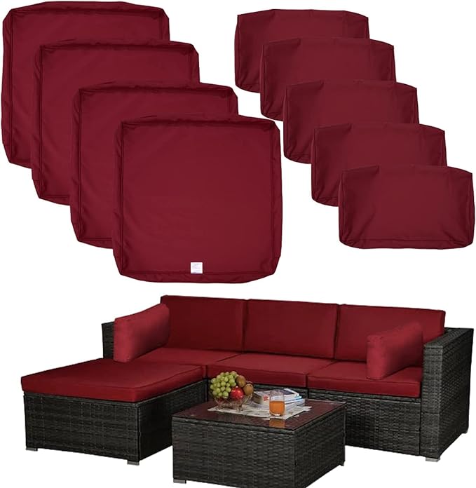 ClawsCover 9Pack Outdoor Seat and Back Cushions Replacement Covers Fit for 5 Pieces 4-Seater Wicker Rattan Patio Conversation Set Sectional Couch Furniture,Burgundy-Include Cover Only (Large)