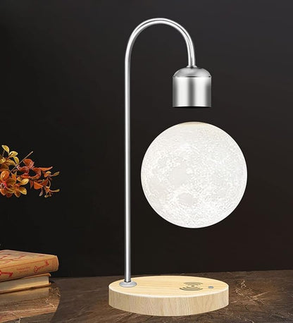Unique Modern Levitating Moon Lamp with Built-in Qi Wireless Charger, Simplistic and Innovative Design, Warm Decorative LED Light for Home and Office (Silver)