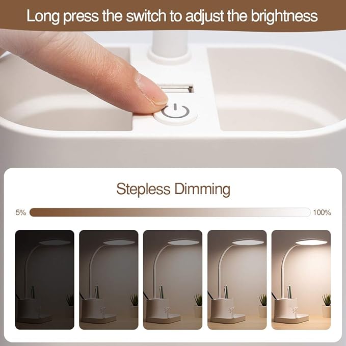 Desk Lamps for Home Office, 3 Light Colors Dimmable Desk Light Led Desk Lamp with Charger, Battery Operated Desk Lamp for Desk, Study Lamp with Pen & Phone Holder,White Led Desk Lamps for Home Office
