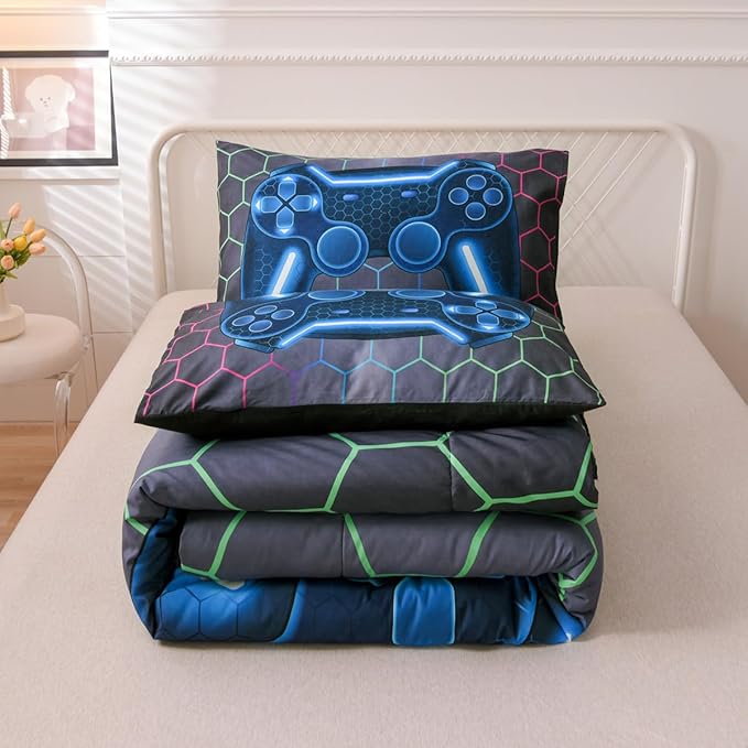 NTBED Game Console Comforter Set for Boys Girls Kids 3D Gaming Geometric Lightweight Microfiber Bedding Sets (Multi, Full)