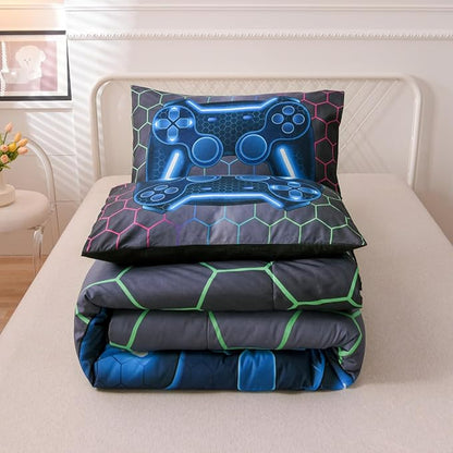 NTBED Game Console Comforter Set for Boys Girls Kids 3D Gaming Geometric Lightweight Microfiber Bedding Sets (Multi, Full)
