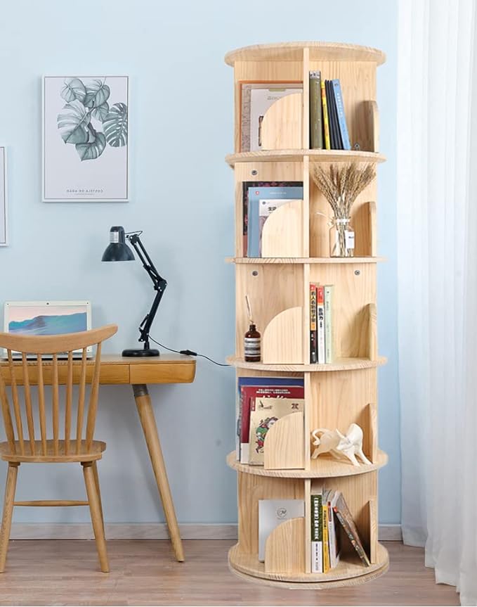 Rotating Bookshelf, 360 Display 5 Tier Floor Standing Bookcase Storage Rack for Kids&Adult, Wood Narrow Book Shelf Organizer for Bedroom, Living Room, Study Room(63 * 18.1 * 18.1inch)