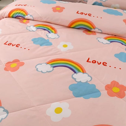 3PCS Rainbow Comforter Set Full, Cute Pink Full Size Flower Cloud and Rainbow Comforter Aesthetics, Super Soft and Comfort Microfiber, Kawaii Girls’ Bedroom Decor for Kids, Teens, Children, Women