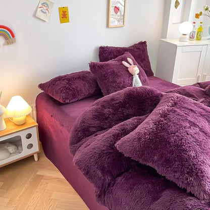 Faux Fur Kids Girls Grape Purple Comforter Sets Queen - 3PC Bed Set Warm Comfortable Soft Plush Flannel Velvet Fluffy Fuzzy Bedding（Comforter x 1 Pillowcases x 2）