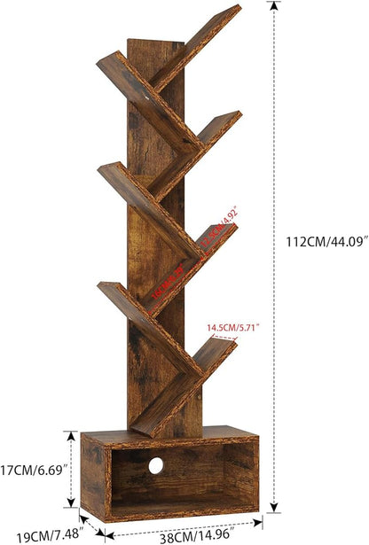 YMYNY 6 Tier Tree Bookshelf, Tall Bookcase, Wood Book Storage Rack with Drawer, Modern Floor Standing Book Shelf for Books/Movies/CDs, Utility Organizer for Living Room, Office, Rustic Brown UHBC016H