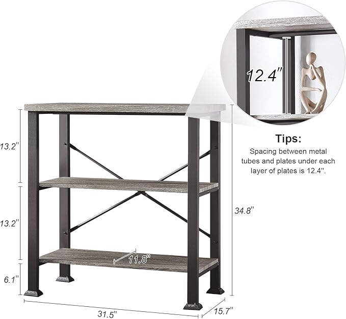 HOMBAZAAR Bookshelf, 3-Tier Vintage Industrial Book Shelf, Rustic Wood and Metal Bookcase and Bookshelves, Free Standing Storage Small Bookshelf for Living Room, Bedroom and Kitchen, Grey Oak