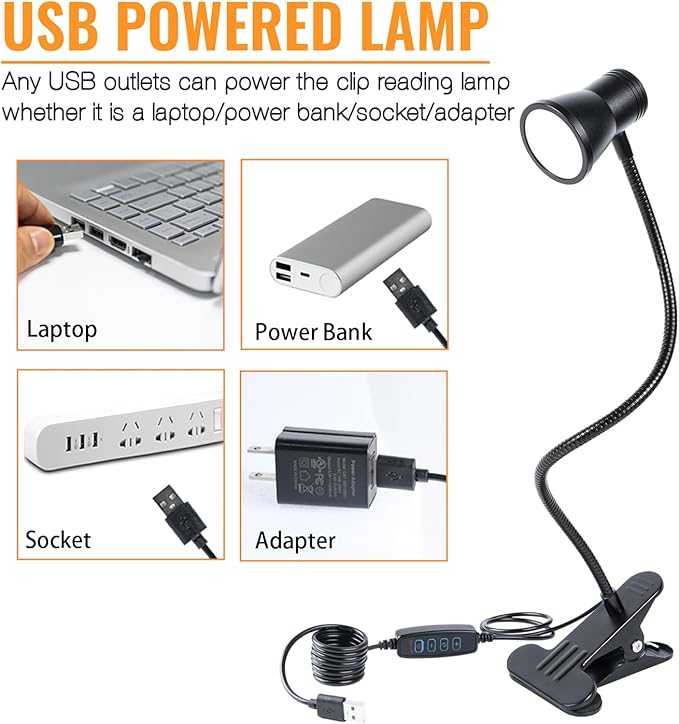 Clip Desk Lamp, USB Reading Light, Flexible Neck Led Clamp Light with 3 Color Temperature Options, 10 Dimmable Brightness Levels for Working, Studying (8W)
