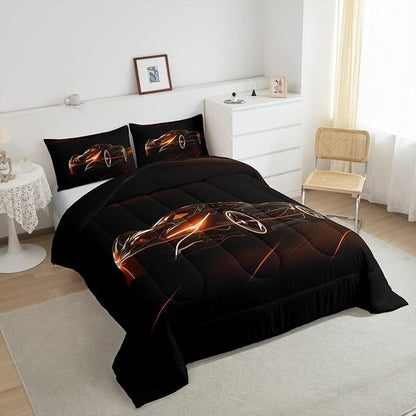 Feelyou Orange Race Car Bedding Set King Size for Kids Boys Extreme Sport Games Comforter Set Teens Toddler Fast and Furious Duvet Set Cool Modern Quilt Set 3Pcs