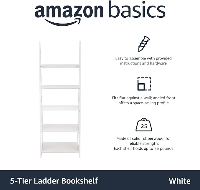 Amazon Basics Modern 5-Tier Ladder Bookshelf Organizer, Solid Rubberwood Frame, White, 14 D x 24.8 W x 70.1 H in