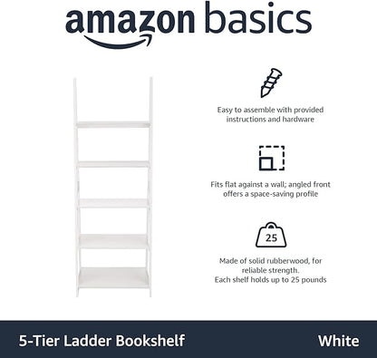Amazon Basics Modern 5-Tier Ladder Bookshelf Organizer, Solid Rubberwood Frame, White, 14 D x 24.8 W x 70.1 H in