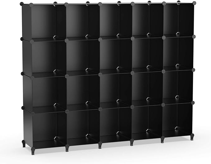 HOMIDEC 20-Cube Black Cube Storage Organizer, Modular Storage Shelf with Hammer, Cube Storage Bin Cabinet Closet Bookshelf for Living Room, Bedroom, Office, Each Cube Size 11.8 x 11.8 inch