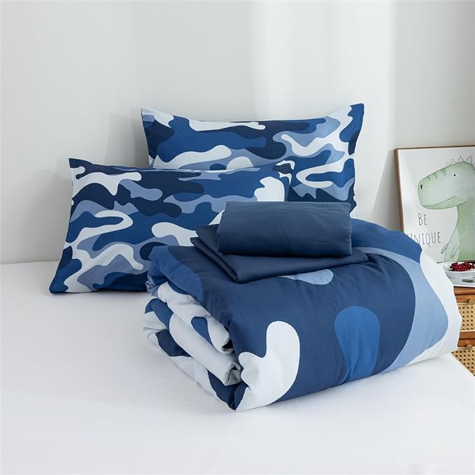 Meeting Story Camouflage Bedding Set, Colorful Pattern Style Comforter Set, 5 PCS One Comforter Two Pillowcases Two Sheets in One Bag, All Season Bedspread for Teens Adults (Navy,Queen 5Pcs)