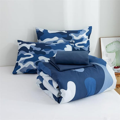 Meeting Story Camouflage Bedding Set, Colorful Pattern Style Comforter Set, 5 PCS One Comforter Two Pillowcases Two Sheets in One Bag, All Season Bedspread for Teens Adults (Navy,Twin 5Pcs)