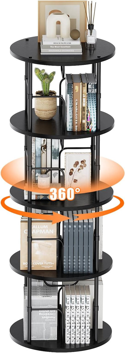 Rotating Bookshelf, 4 Tier Spinning Bookshelf Tower, 360° Display Unique Round Bookcase, Floor Standing Corner Revolving Bookshelf Storage Organizer for Small Spaces, Home Study Office, Black