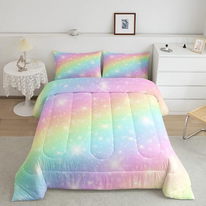 Erosebridal Rainbow Bedding Set For Kids Girls Teens Women Tie Dye Pastel Comforter Set Queen Size Golden Stars Glitter Bedding Comforter Set Watercolor Art Girly Quilt Set Sweet Bedroom Decor 3 Piece