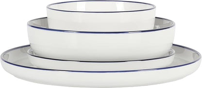 Gibson Home Oslo 16-Piece Porcelain Ceramic Chip & Scratch Resistant Dishes, Microwave & Dishwasher Safe, Plates and Bowls Dinnerware Set, White w/Blue Rim