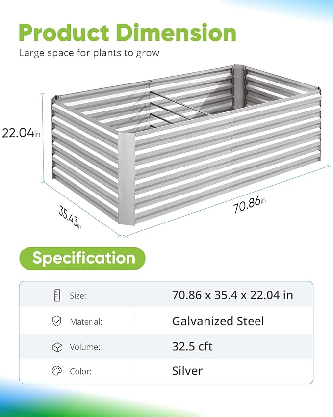 Quictent Galvanized Raised Garden Bed 6x3x2 Ft Metal Planter Box Bottomless for Backyard, Include 1 pc Tomato Cage, Silver