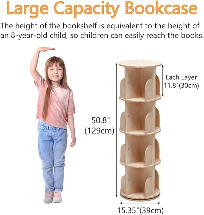 4 Tier Rotating Bookshelf, 360 Display Spinning Bookshelf, Rotating Bookcase for Kids&Adults, Wood Bookshelf for Bedroom, Living Room, Study Room