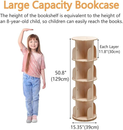 4 Tier Rotating Bookshelf, 360 Display Spinning Bookshelf, Rotating Bookcase for Kids&Adults, Wood Bookshelf for Bedroom, Living Room, Study Room