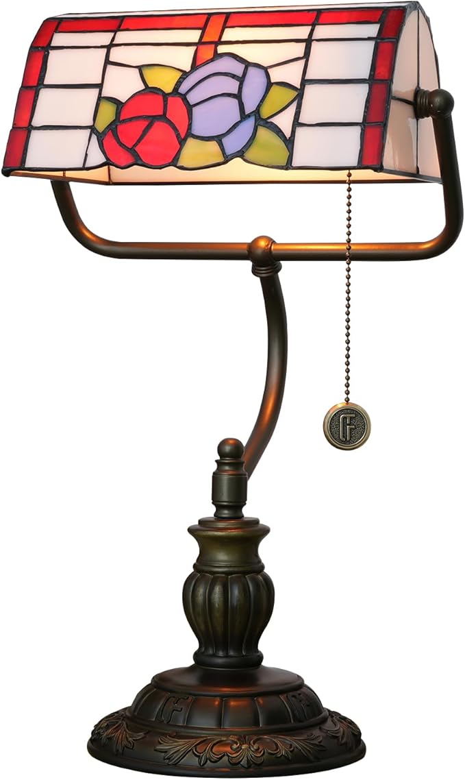 Bankers Lamp,Stained Glass Lamp,Dimmable Vintage Desk Lamp for Home Office Workplace Nightstand Bedroom Library Piano LED Bulb Included (roses)