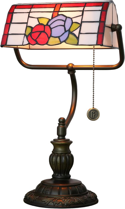 Bankers Lamp,Stained Glass Lamp,Dimmable Vintage Desk Lamp for Home Office Workplace Nightstand Bedroom Library Piano LED Bulb Included (roses)