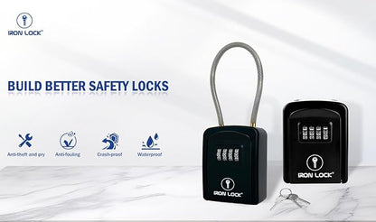 Iron Lock® Key Lock Box with Code, Portable Cable Shackle (Small, Black) | Holds 2-3 house keys or an access card; 11-in steel cable loops on gate or rail; weather-resistant; no app or battery