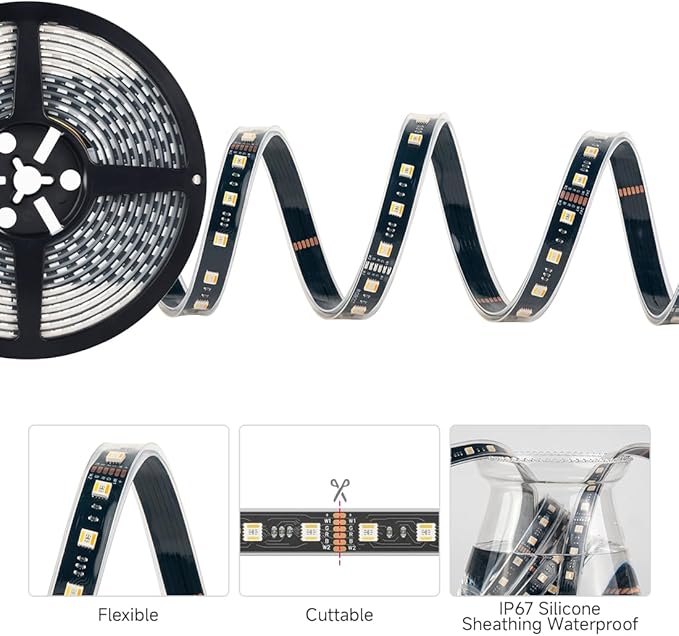 BTF-LIGHTING RGBCCT 5 Colors in 1 LED 5050SMD RGBWW RGB+Dimmable Tunable Color Temperature 2700K-6500K 16.4ft 60LEDs/m 300LEDs DC24V Multi-Colored Lights IP67 for Decoration(No Adapter or Controller)