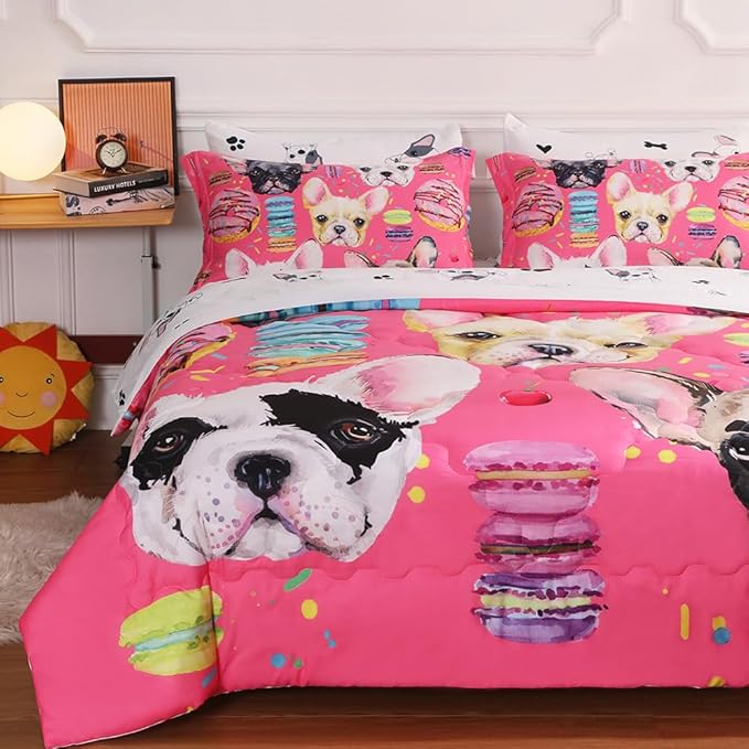 7 Piece Dog Comforter Set Twin Size for Kids Cute 3D French Bulldog Dogs Bedding Bed in A Bag for Teens Boys Girls All Season Watercolor Pink Animal Themed Comforter