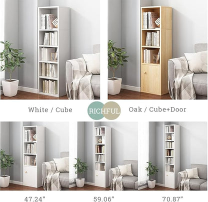 IOTXY Small Narrow Corner Bookcase - 47 Inches Tall Gap Freestanding Storage Cabinet, 4 Lattices Open Shelves Tower Rack with Door, Cubes Bookshelf in White