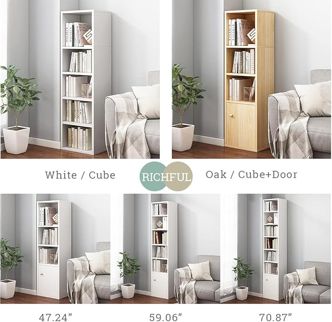 IOTXY Small Narrow Corner Bookcase - 71 Inches Tall Gap Freestanding Storage Cabinet, 7 Lattices Open Shelves Tower Rack with Door, Cubes Bookshelf in White