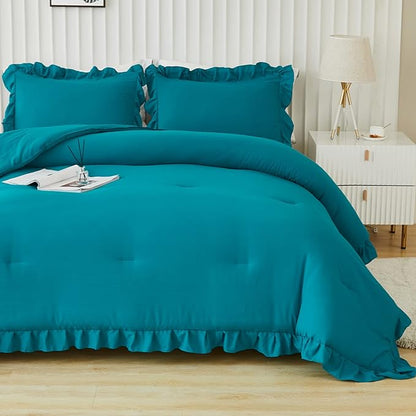 Andency Turquoise King Comforter Set(104x90Inch), 3 Pieces(1 Ruffle Comforter and 2 Pillowcases) Lightweight and Fluffy Bedding Comforter Set, All Season Soft Microfiber Shabby Chic Bedding Set