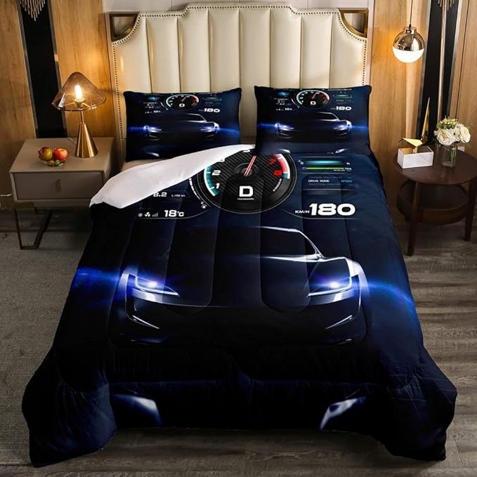 Erosebridal Teens Race Car Comforter Set Twin Size, Kids Cool Speed Racing Car Quilt Set, Extreme Sport Bedding Set for Boys Youth Adult Bedroom, Black Automobile Quilted Duvet for Bedroom