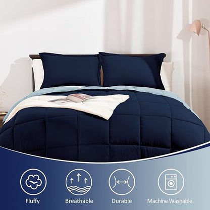 Basic Beyond King Size Comforter Set - Fluffy King Bed Comforter Set for All Seasons - Reversible Blue Comforter Set King - 3 Pieces (1 Comforter + 2 Pillow Shams) - Blue/Sapphire