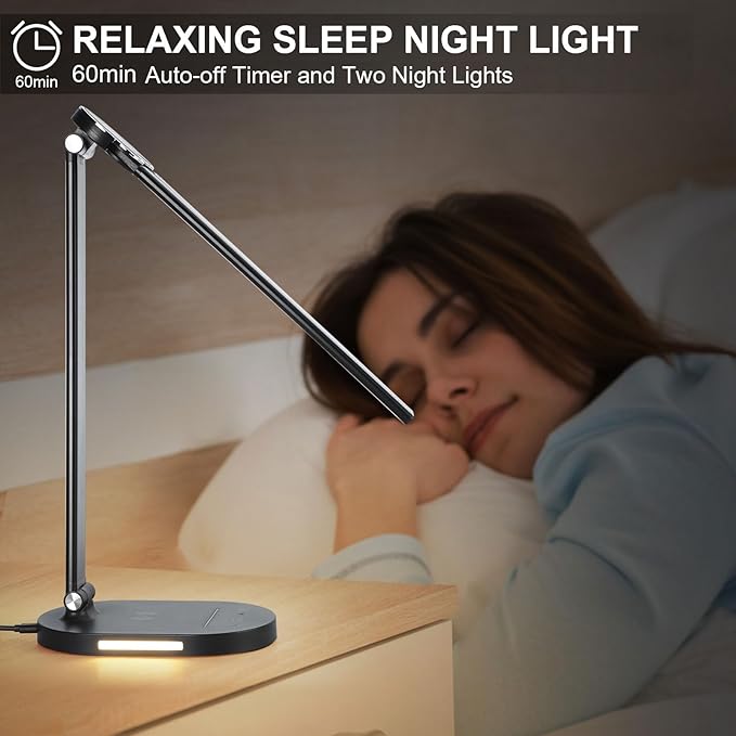 Lightess LED Desk Lamp with Wireless Charger, USB Charging Port, Adjustable Foldable Dual Swing Arm Desk Light Dimmable Eye-Caring Desk Lamp, Touch Control, Home Office Desk Lights for Work Study