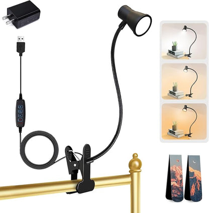 Clip on Light Reading for Bed LED Desk Lights 3 Color Modes 10 Brightness USB Lamp Eye Care 360° Flexible Gooseneck Dimmable for Headboard Computer Read Books Task Lamps with Adapter Bookmark(Black)