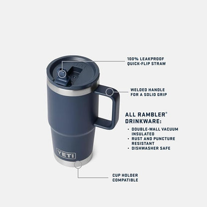 YETI Rambler 20 oz Travel Mug with Flip Straw Lid – Stainless Steel, Vacuum Insulated, Leakproof, Cup Holder Friendly, Ridgeline