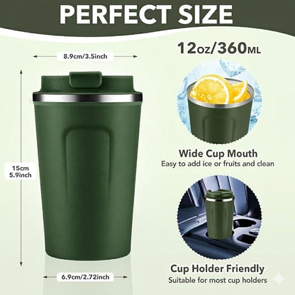 Volhoply 12 oz Double Wall Insulated Vacuum Travel Coffee Mug with Flip Lid,Reusable Stainless Steel Leak Proof Coffee Cup,Portable Cafe Thermal Tumbler Suitable for Hot&Cold Drinks(Army Green,1 Set)