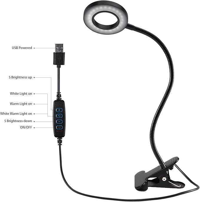 Desk Lamp Clip on Light, Desk Light 48 LED Lamp with 3 Lighting Modes, Dimmable 10 Brightness Levels, 360° Adjustable Gooseneck, Eye-Caring Small Lamp for Bed Headboard Reading（Included Adapter ）