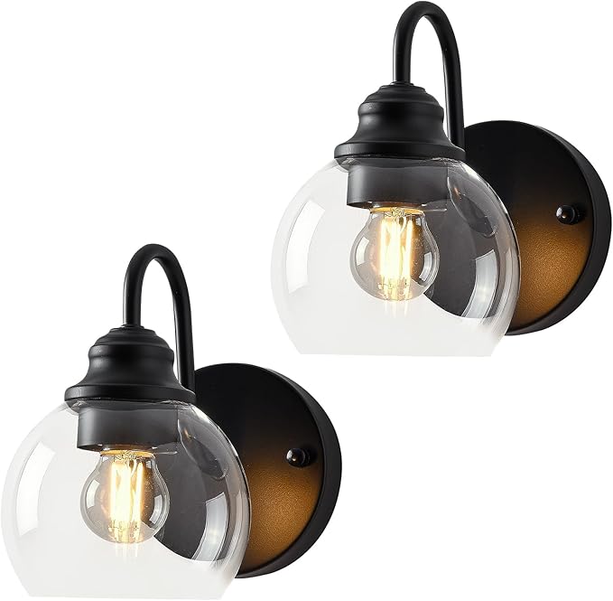 Farmhouse Gooseneck Wall Sconces Set of Two, Bathroom Vintage Black Vanity Light, Rustic Indoor Wall Light Fixtures with Clear Glass for Bathroom Beside Mirror Living Room Hallway
