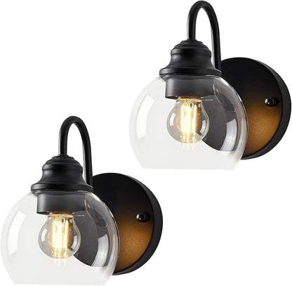 Farmhouse Gooseneck Wall Sconces Set of Two, Bathroom Vintage Black Vanity Light, Rustic Indoor Wall Light Fixtures with Clear Glass for Bathroom Beside Mirror Living Room Hallway