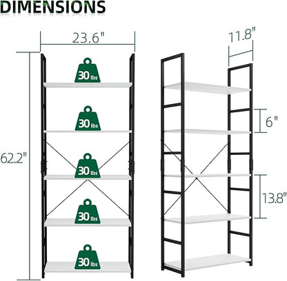 OTK 5 Tier Bookshelf, Tall Bookcase, Office Shelf Storage Organizer, Modern Book Shelf for Living Room, Bedroom, and Home Office, White