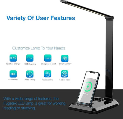Fugetek LED Desk Office Lamp with Wireless Charger & USB Charging Port, Touch Control, 5 Lighting Modes, 30/60 Min Auto Timer, Eye-Caring, Dimmer, Black