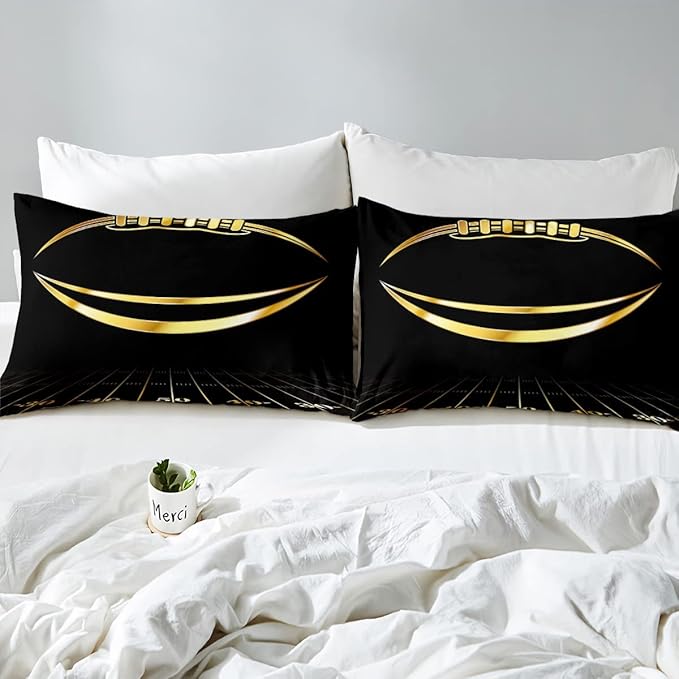 Feelyou Football Bedding Set Queen Kids Rugby Sports Comforter Set American Football Comforter Set for Boys Golden Black Room Decor Lightweight Quilt Set with 2 Pillow Case