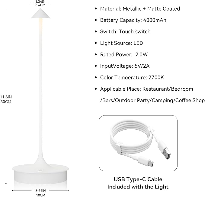Set of 2 Cordless Table Lamp Rechargeable, Battery Operated Desk Lamp, 4000mAh LED Touch Lamp, Dimmable Portable Outdoor Waterproof Wireless Table Light for Restaurants/Bars/Outdoor(1PC, White)