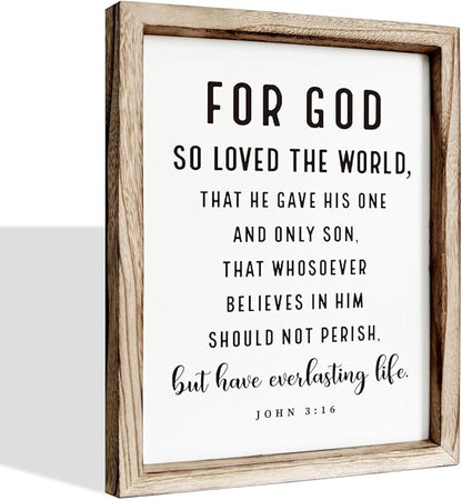 Christian Wooden Sign, Living Room Decors, Bible Verse Decor, Rustic Home Decor, Religious Artwork for Wall, Framed Wall Plaque Sign 15 * 11.5 inches, For God So Loved the World