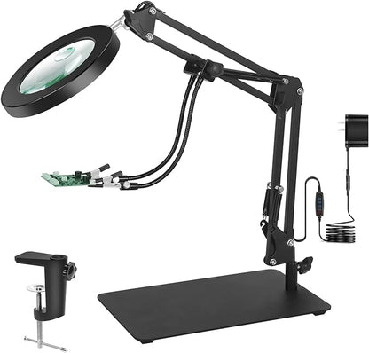 Magnifying Glass with Light and Stand, 3-in-1 Gooseneck Arms 3 Color Modes Stepless Dimmable, 10x&5X LED Desktop Magnifier with light Hands Free for Workbench Reading Crafts Painting Hobby Close Work