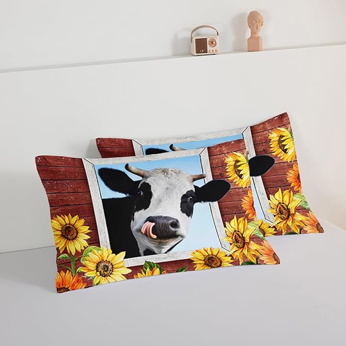 HOSIMA Farmhouse Animal Cow Comforter with 2 Pillowcases,Wooden Decor Terracotta Comforter Set Queen Size for Adults Teens,Cow Print Bedding Room Decor,Sunflower Comforter Set.