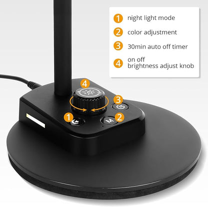 LED Desk Lamp for Office Home, Dimmable Reading Light with USB Charging Ports, Bedside Lamp with 5 Color Modes & Stepless Dimming, 360° Flexible Gooseneck Table Lamp(Adapter Included)