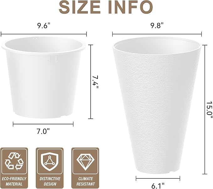 Kante Tall Round Planter Set of 2, 15 Inch Tall Decorative Planter Pots for Outdoor Indoor Garden Patio Front Porch (White)